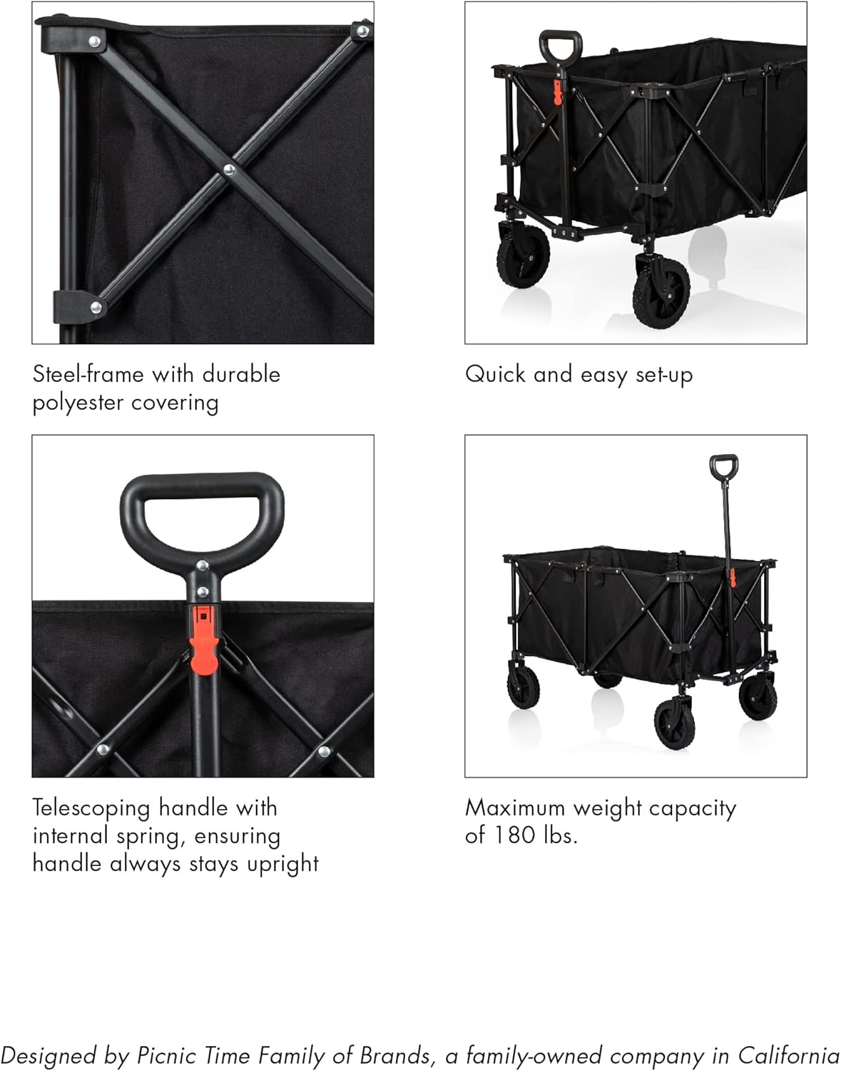 Picnic TIME Adventure Wagon XL, All-Terrain Folding Sport Utility Cart with Wheels, Steel Frame Collapsible Wagon for Grocery, Rolling Cart for Beach with Fitted Cover and Carry Handle, (Black)
