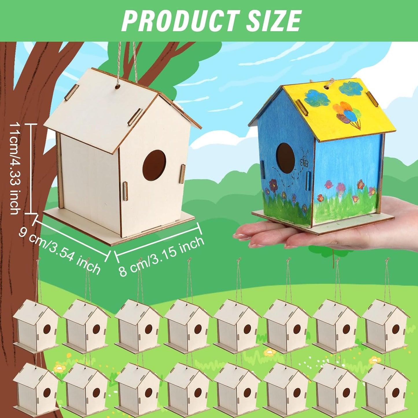 DoubleFill 48 Pcs 4.33" Wooden Bird Houses Bulk for Kids DIY Unfinishe