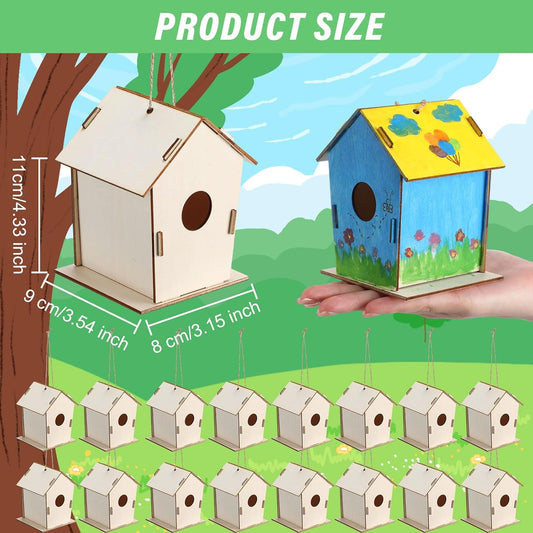 DoubleFill 48 Pcs 4.33" Wooden Bird Houses Bulk for Kids DIY Unfinished Hanging Birdhouse for Crafts Art Wood Toys boy Girl Class Activity Creative Project Parties Design Valentines Crafts