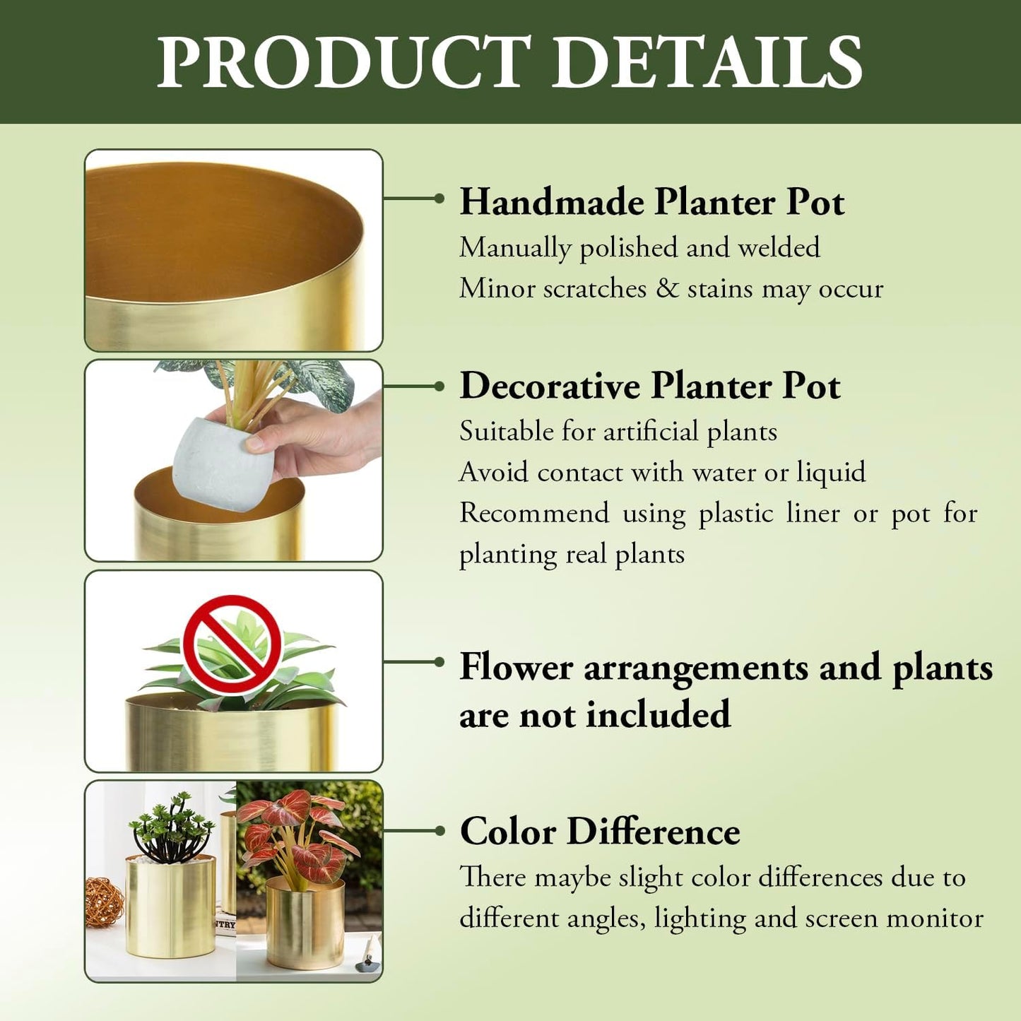 MyGift Modern Brushed Brass Plated Indoor Plant Pot, Cylindrical Metal Vase, 5 and 6 Inch, Set of 2 - Handcrafted in India