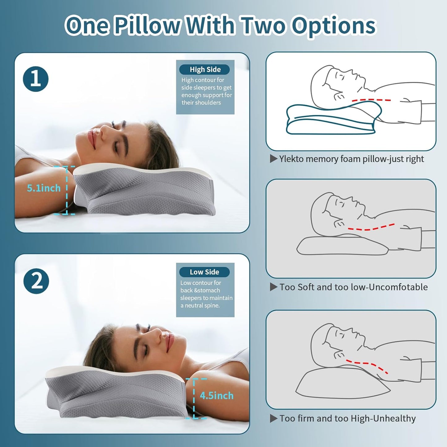 Cervical Neck Pillow for Pain Relief, Ergonomic Pillow Side Sleeper Pillow for Sleeping, Contour Memory Foam Pillows with Cooling Pillowcase Orthopedic Bed Pillow for Back Stomach Sleepers