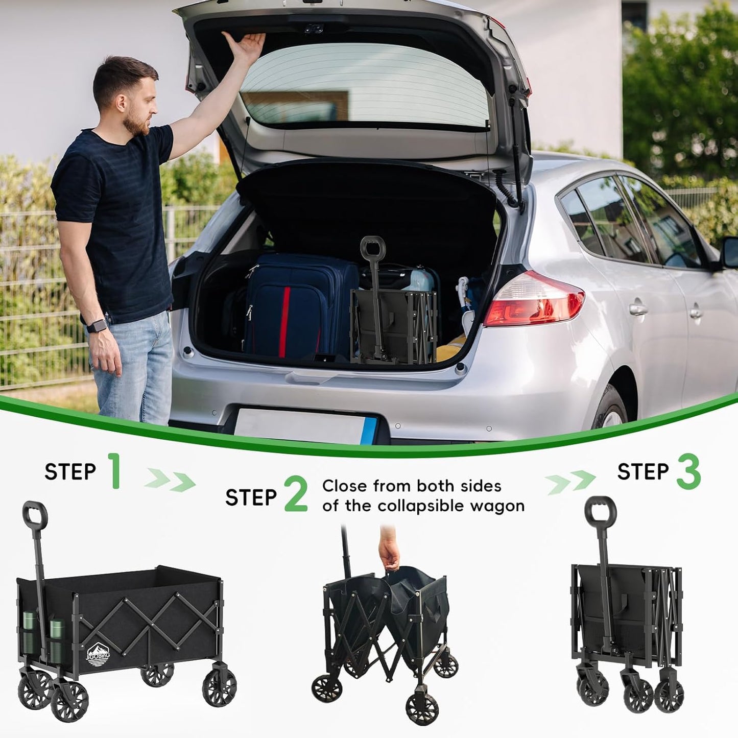 Collapsible Wagon, Portable Folding Wagons Carts with Wheels Foldable, 360lbs Heavy Duty Utility Cart with Cup Holders for Beach Grocery Camping Garden