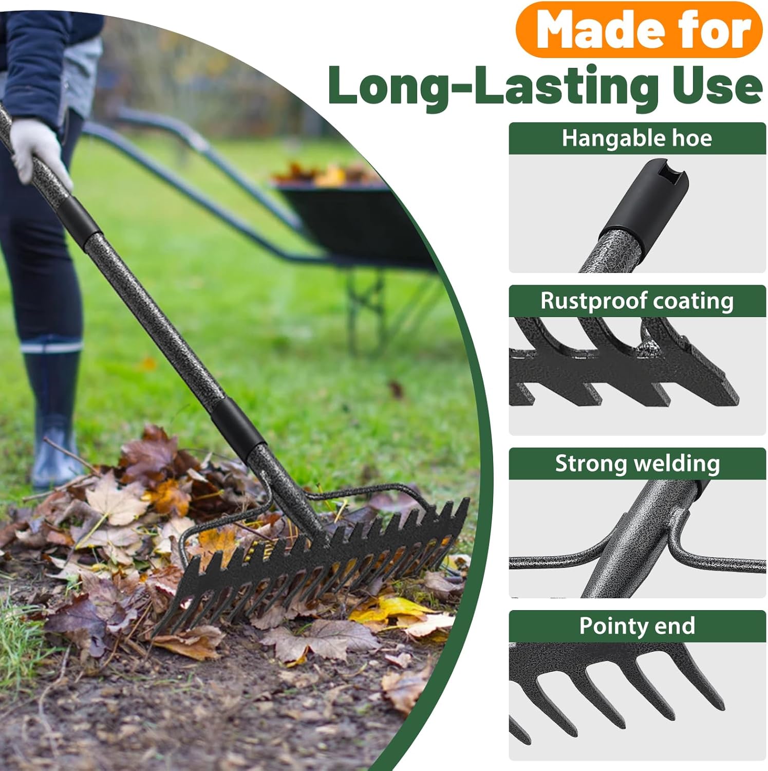 Garden Rake, 63 Inch Long Handle with 17 Tongs, Heavy Duty Metal Bow R