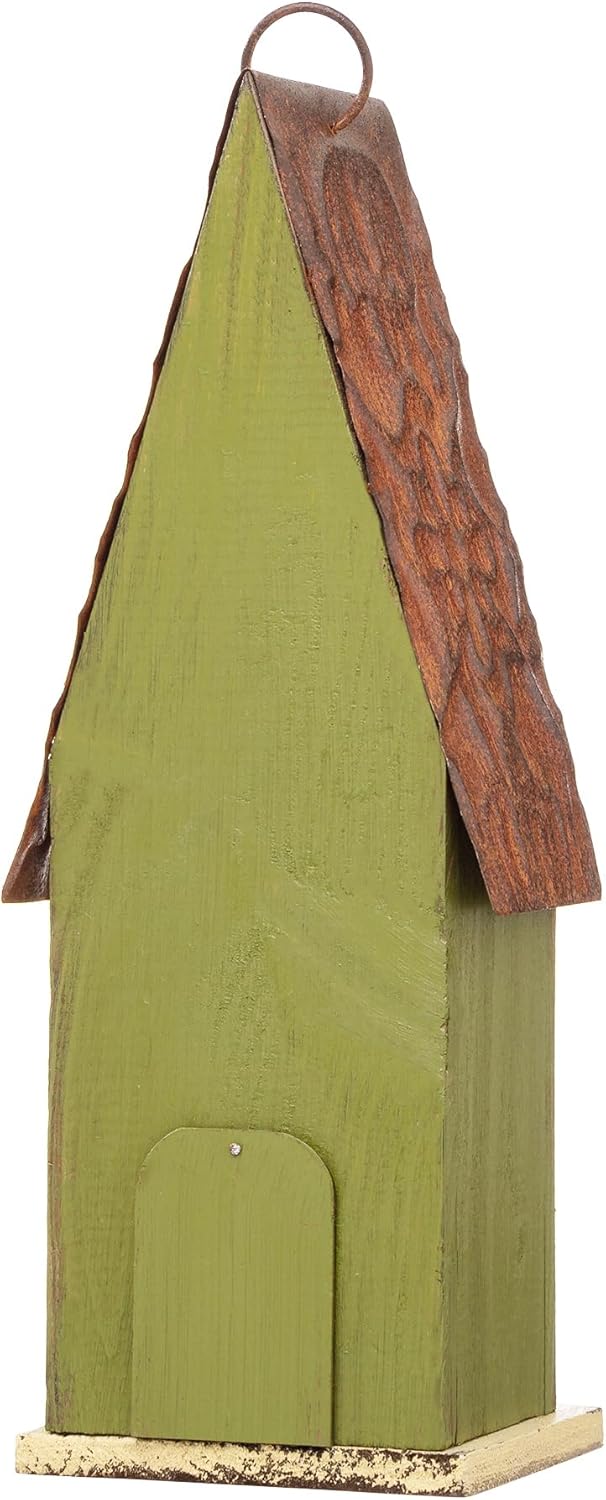 Glitzhome Vintage Hanging Birdhouse - Green Distressed Solid Wood Weatherproof Cottage Bird Shelter & Rustic Decor for Garden/Patio - Ready-to-Hang (13.25")