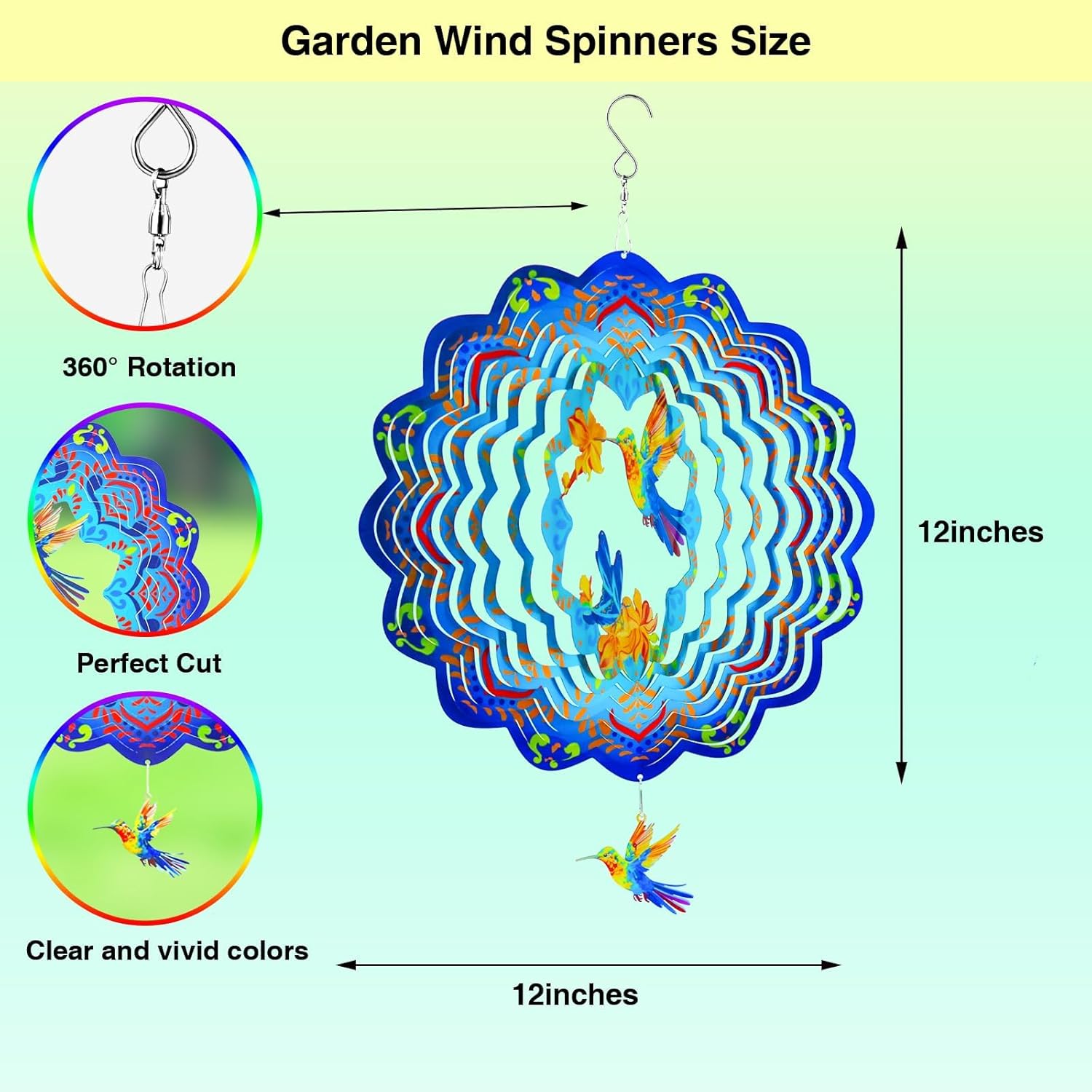 Wind Spinners,12 inch Hummingbird with 360° Swivel Hook for Yard and G