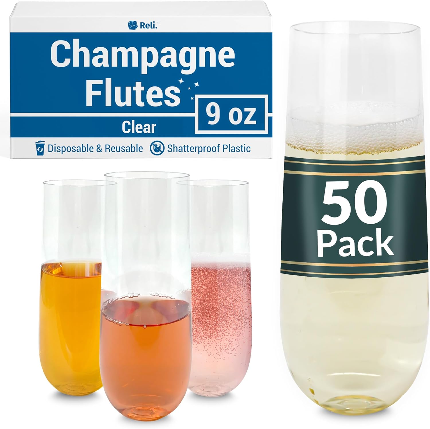 Reli. Champagne Flutes Plastic (50 Pack, 9oz) Clear, Stemless | Dispos
