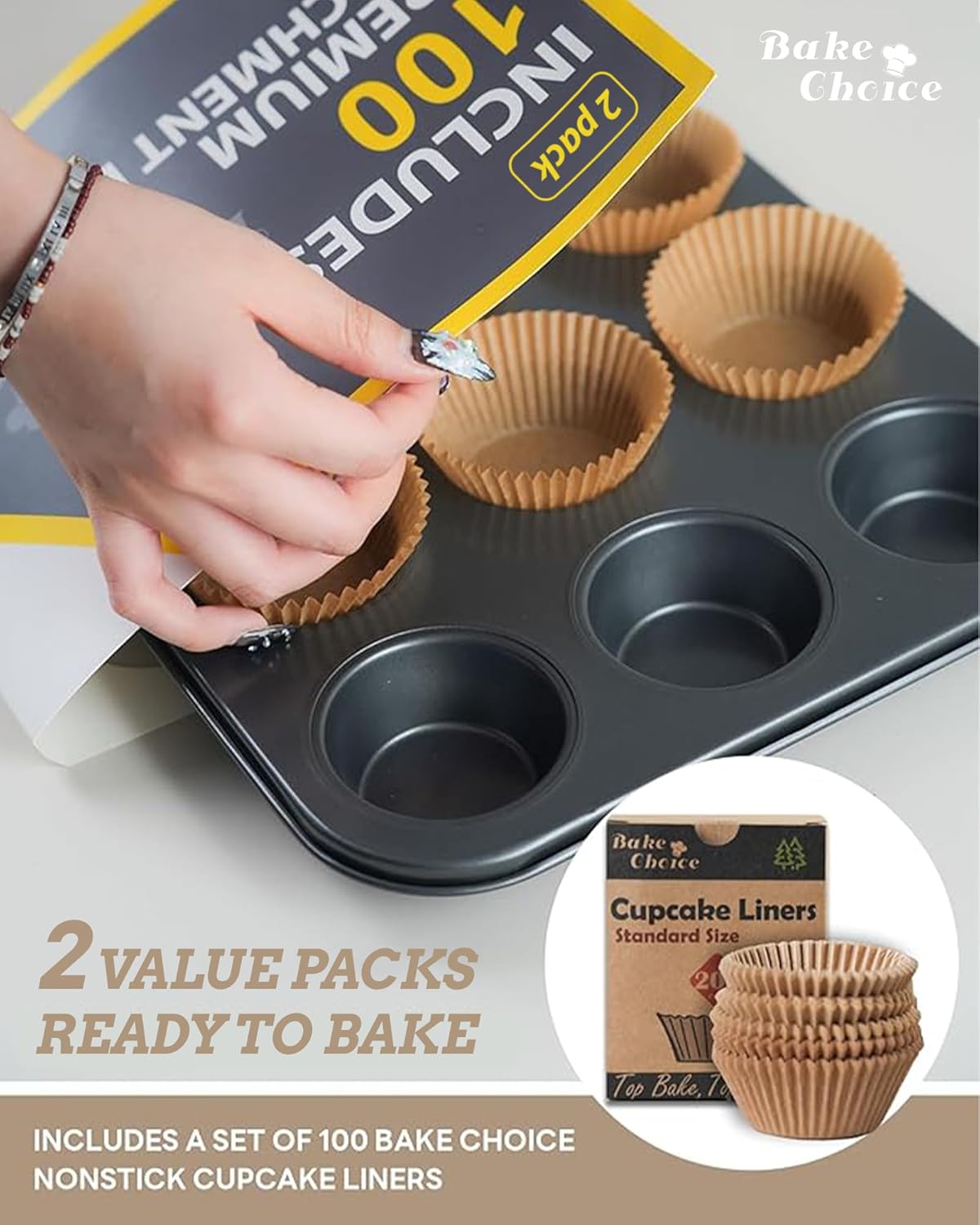 2 Pack Muffin Pan for Baking, Standard Cupcake Pan includes 100 Natura