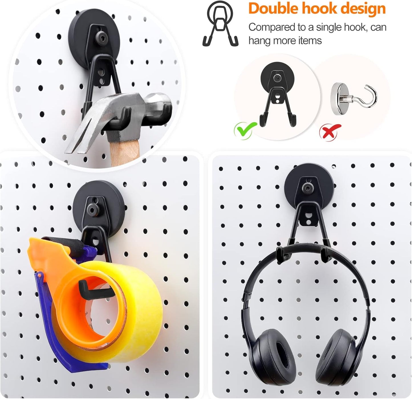 Homde Strong Magnetic Hook, 3 Pack Heavy Duty Magnet Holder Double Hanging Design, 2.6inch Industrial Utility Garage Hanger for Toolbox, Hammer, Garden Tools, Drills, Hose