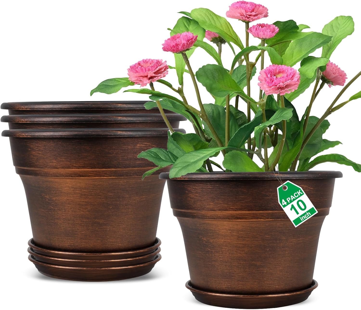 10 Inch Planters Plant Pots Indoor Outdoor, 4 Pack Plastic Flower Pot 