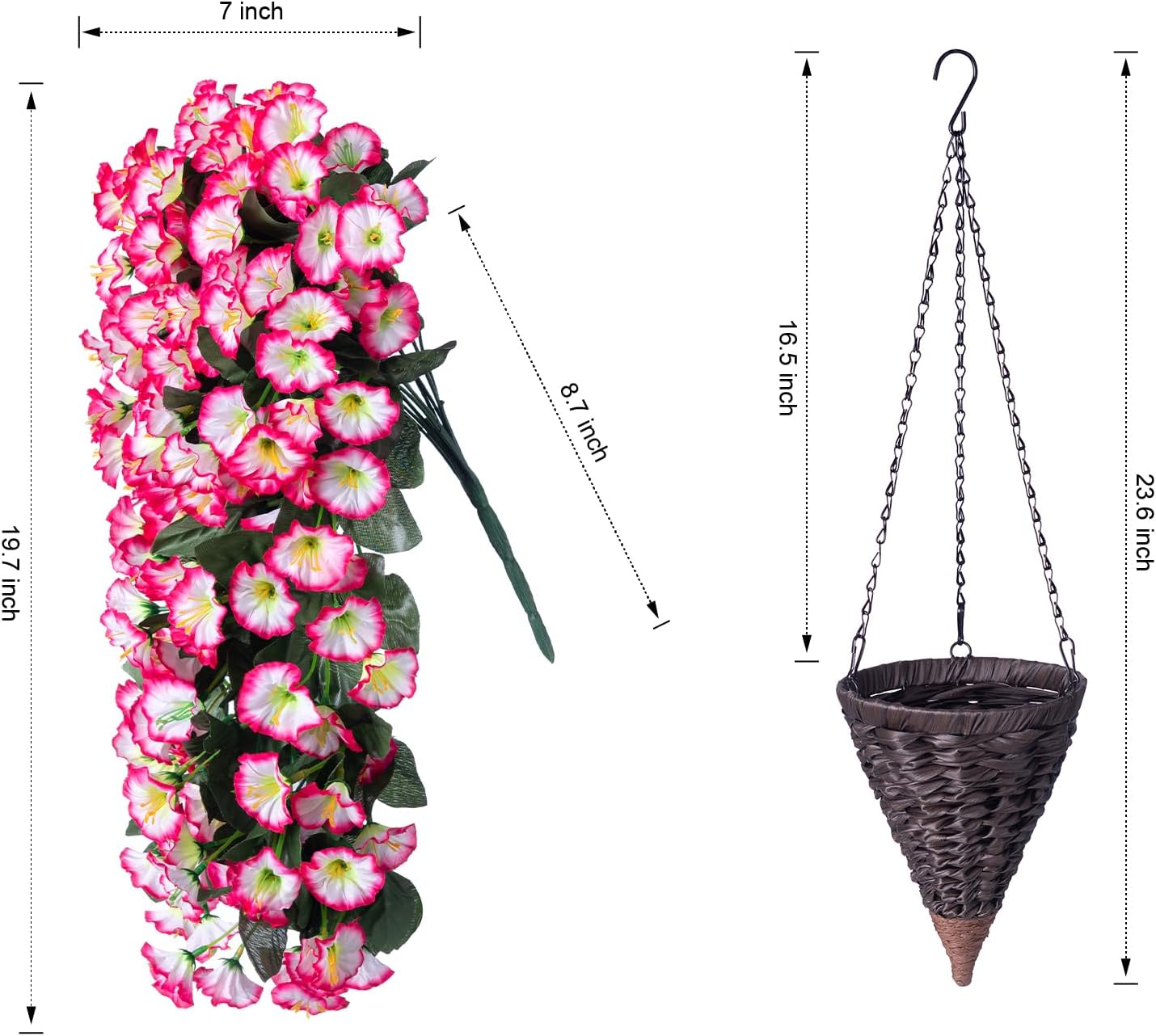 Artificial Fall Hanging Flowers in Basket Fake Plant for Outside, Silk Pink Morning Glory Flower Arrangement for Outdoor Decor, UV Resistant Realistic Floral Planter for Porch Patio Balcony