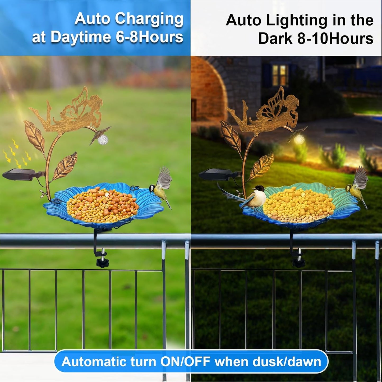 Homight Deck Installation Bird Bath, Hummingbird Solar Bird Bath LED Lights, Adjustable Metal Weather Resistant Durable Deck Bird Bath Bracket, Outdoor Balustrade, Garden, (Angels Holding Lanterns)