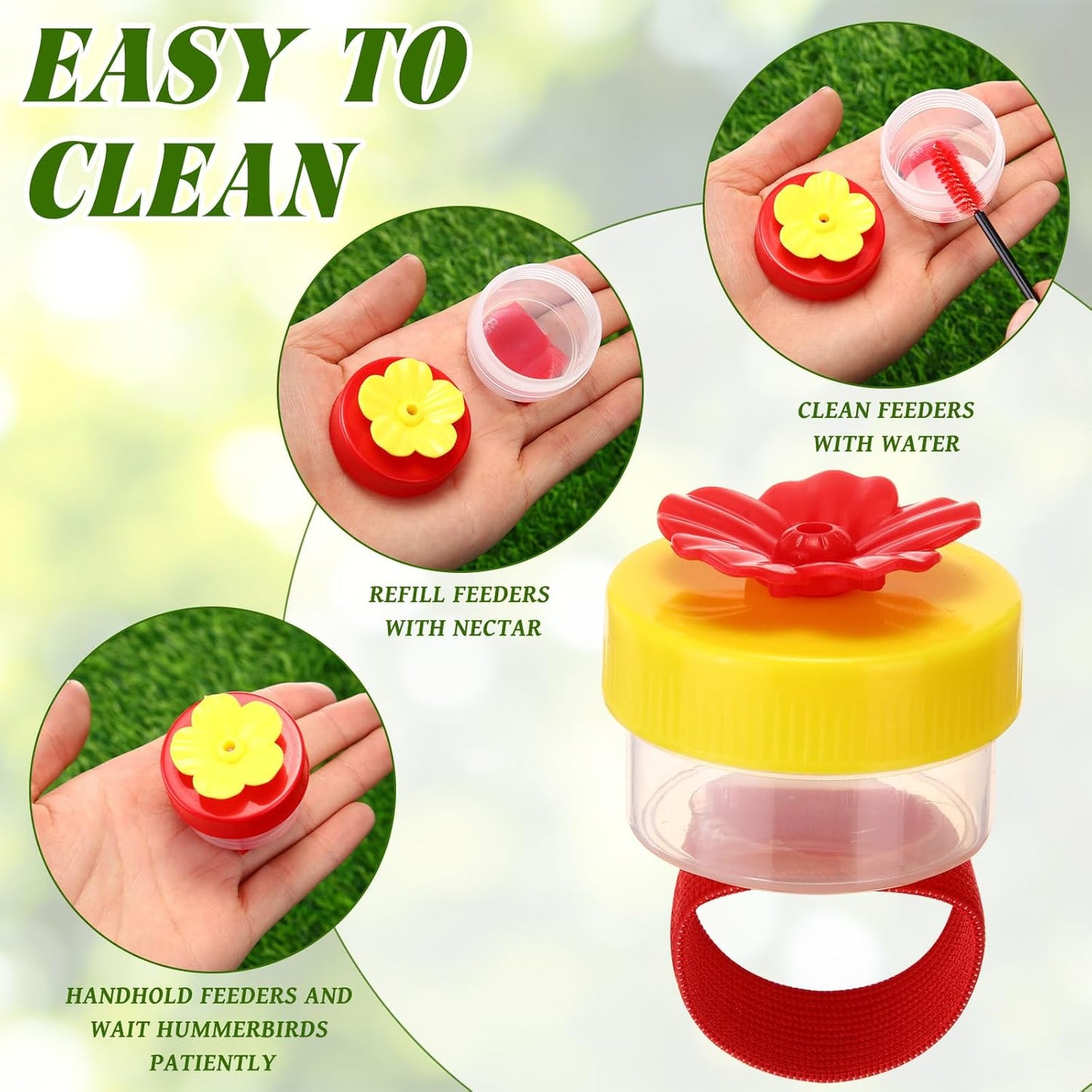 Tioncy Hand Held Hummingbird Ring Feeders, 8 Pcs Mini Hummingbird Hand Feeder with 8pcs Cleaning Brush, Wild Bird Feeders Tools for Outdoors Supplies