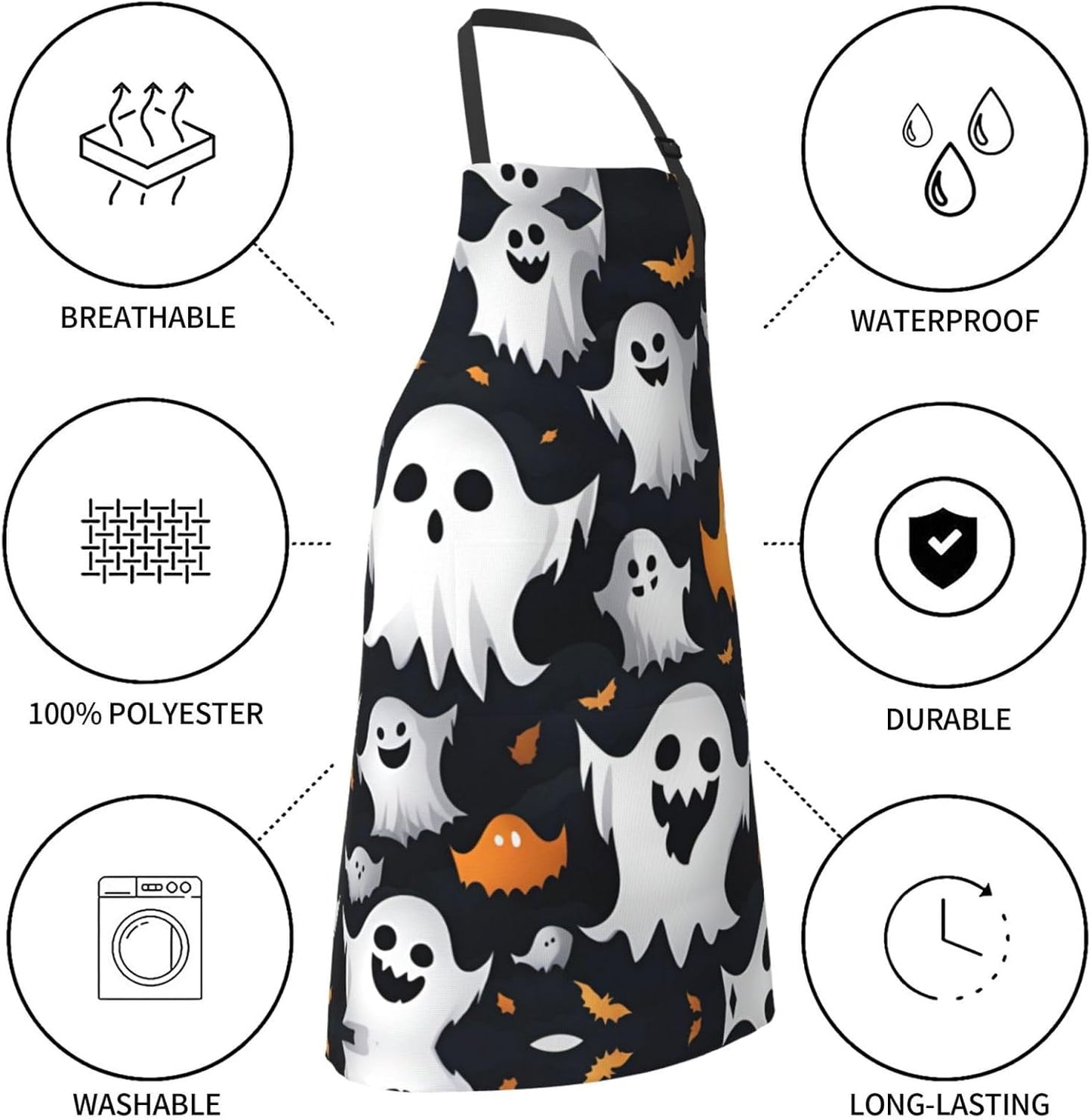Cute White Ghost Halloween Pattern print Waterproof chef's apron with pocket apron for kitchen cooking baking barbecue and gardening