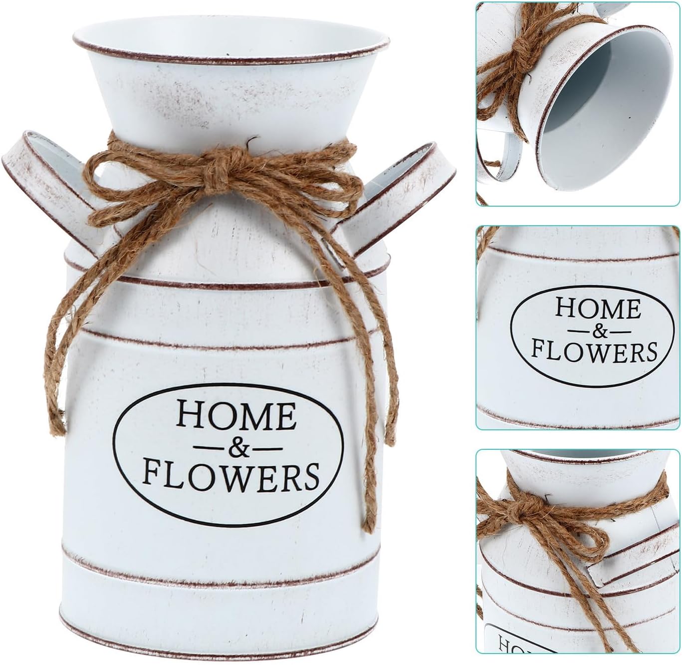 Vintage Rustic Iron Milk Can Flower Vase, White Metal Floral Arrangeme