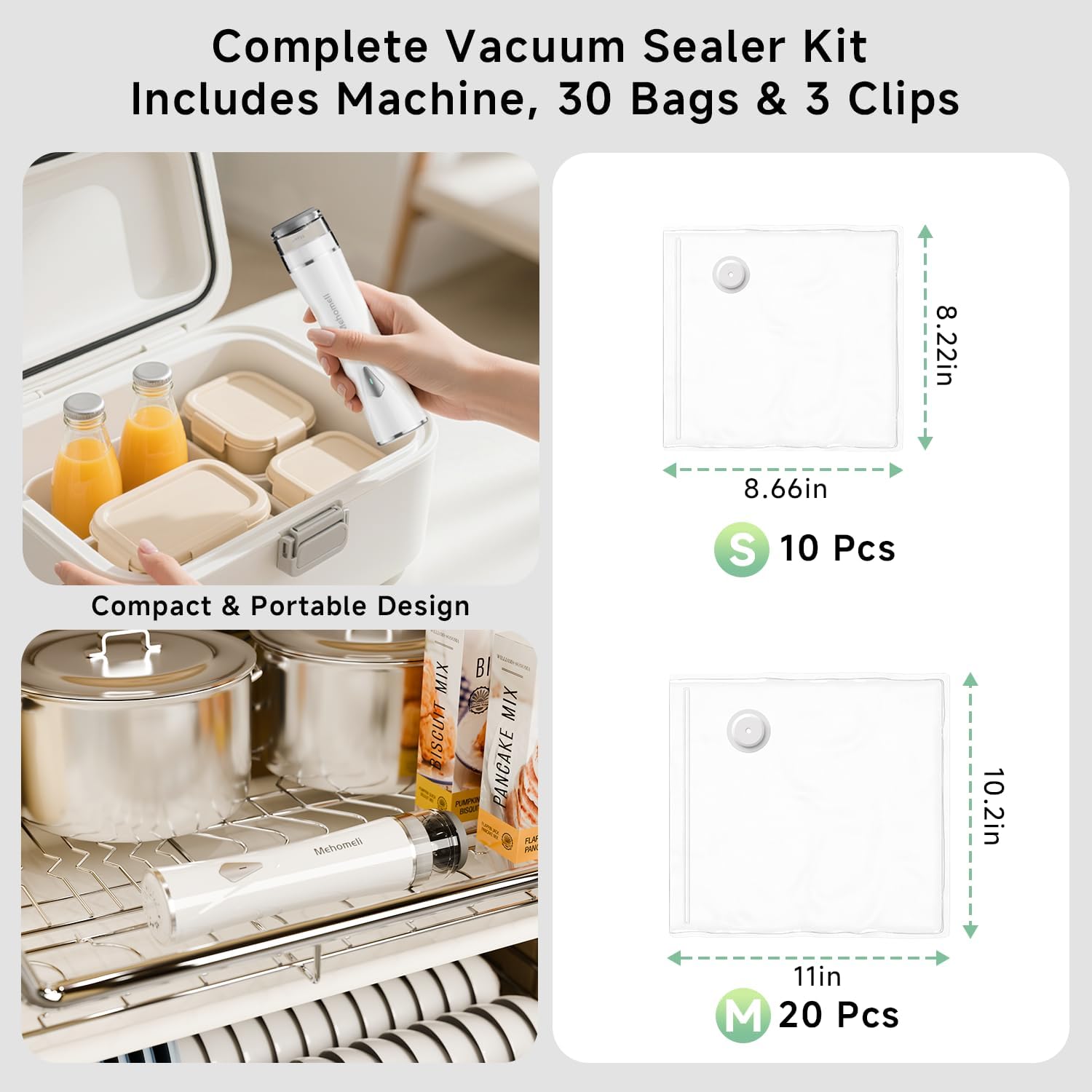 Compact Vacuum Sealer for Food (Vacuum Sealer Machine + 30 Reusable Va