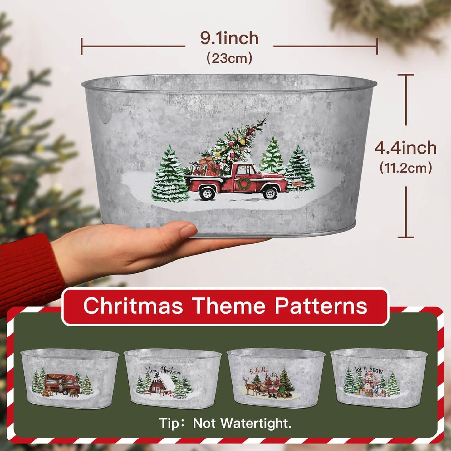 Putuo Decor Christmas Metal Buckets, 5 Pieces Christmas Tin Pots Small Christmas Decorations Oval Pots, Galvanized Beverage Tubs Small Pails for Party Home Table Centerpieces Storage Decor 9in