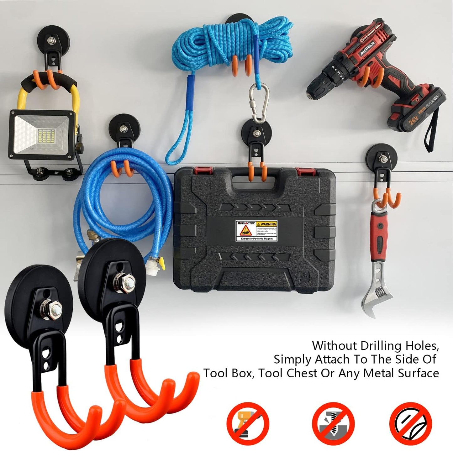 MUTUACTOR Magnetic Hooks Heavy Duty,Strong Anti-Slip Rubber Coated Magnet with Double Garage Hooks,Sturdy Utility Storage Hooks for Workbench Pegboard Garden Hose Toolbox(2PCS,J-Shape,Orange)