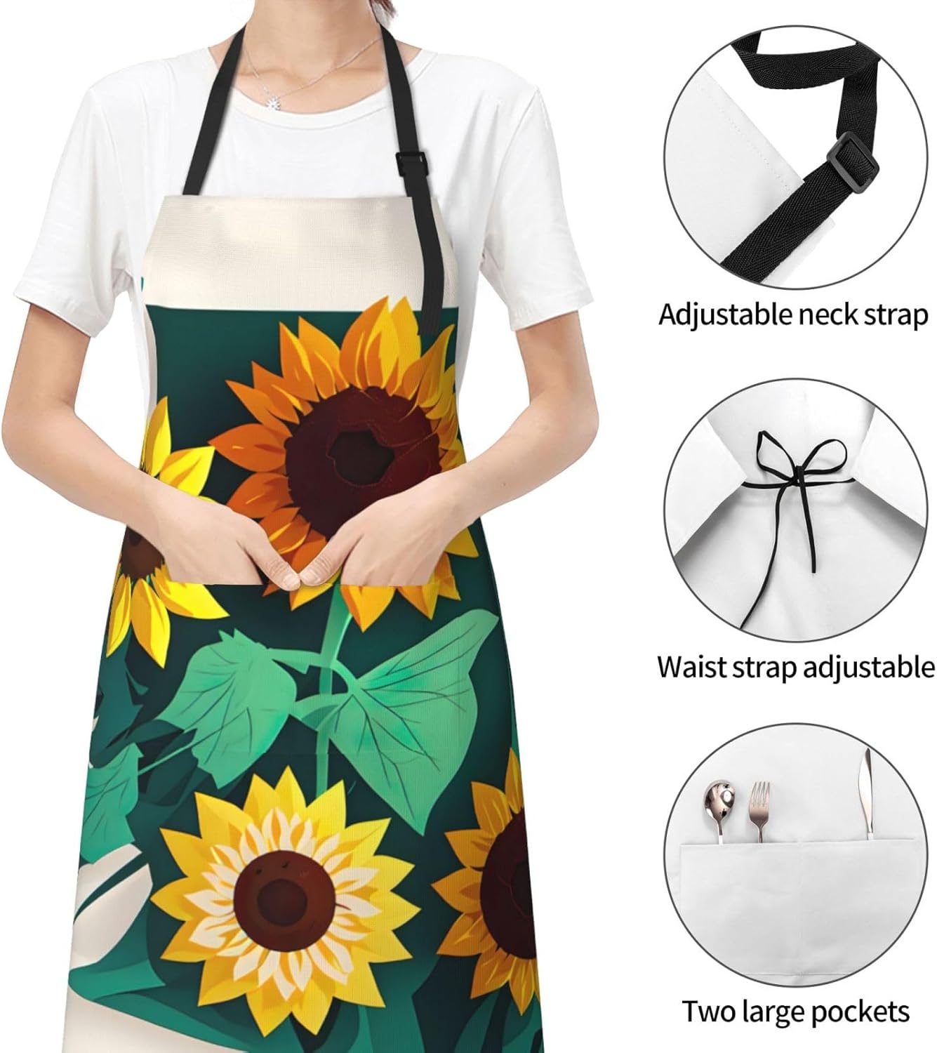 Sunflower bee print Waterproof chef's apron with pocket apron for kitchen cooking baking barbecue and gardening
