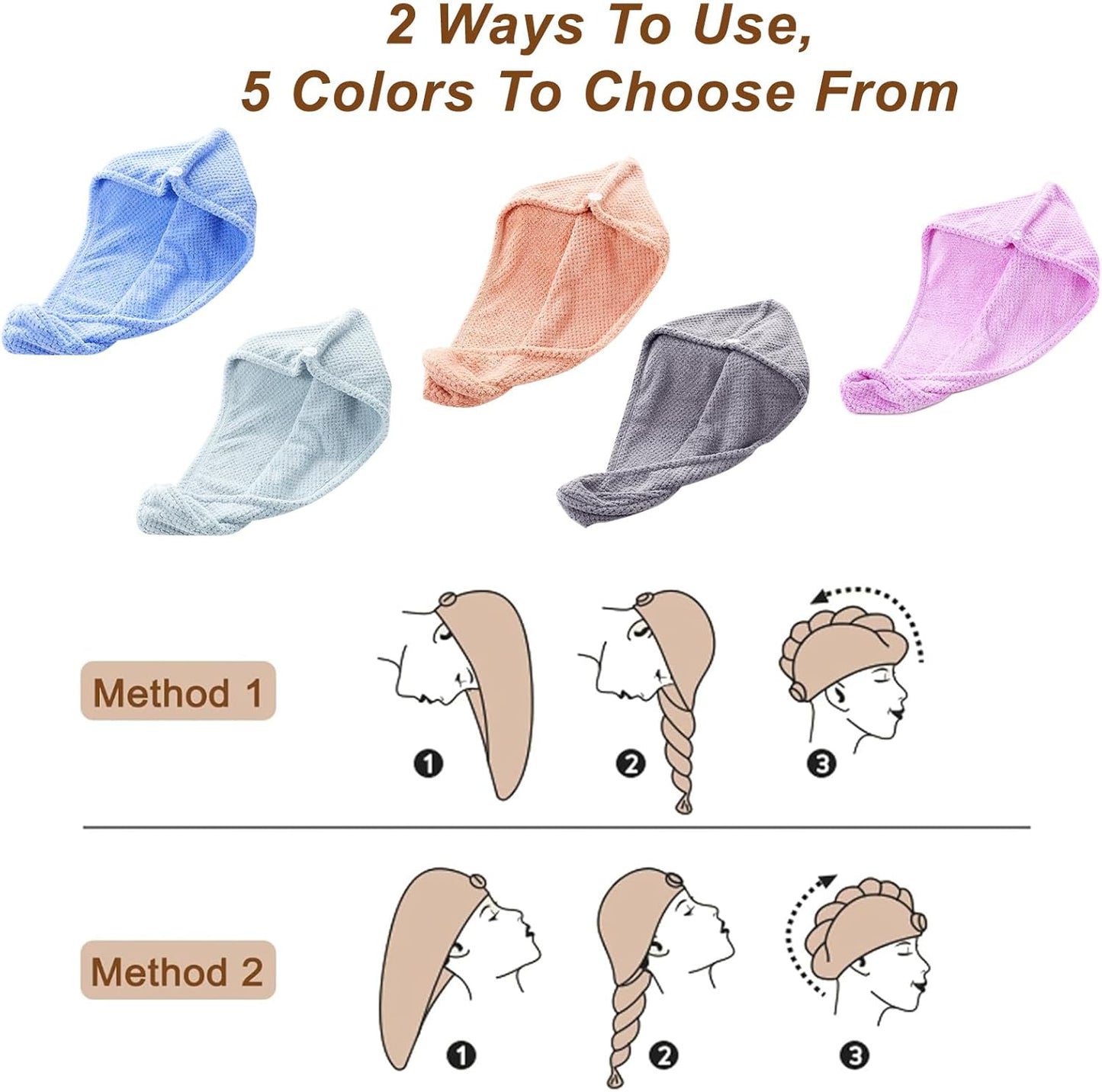 Soft Microfiber Hair Drying Towel Wrap, 5 Pack Elastic Hair Turbans for Fast Drying, Ideal for Women, Curly Wet Hair