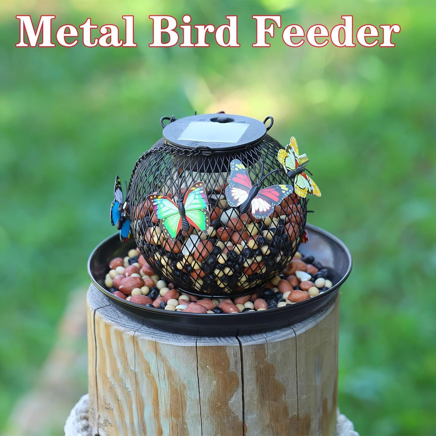 Bird Feeders for Outdoors Hanging, Outside Metal Wild Bird Feeder with Solar Light, Garden Decor for Yard/Patio -Birthday Gifts for Women Mom Grandma Bird Lovers