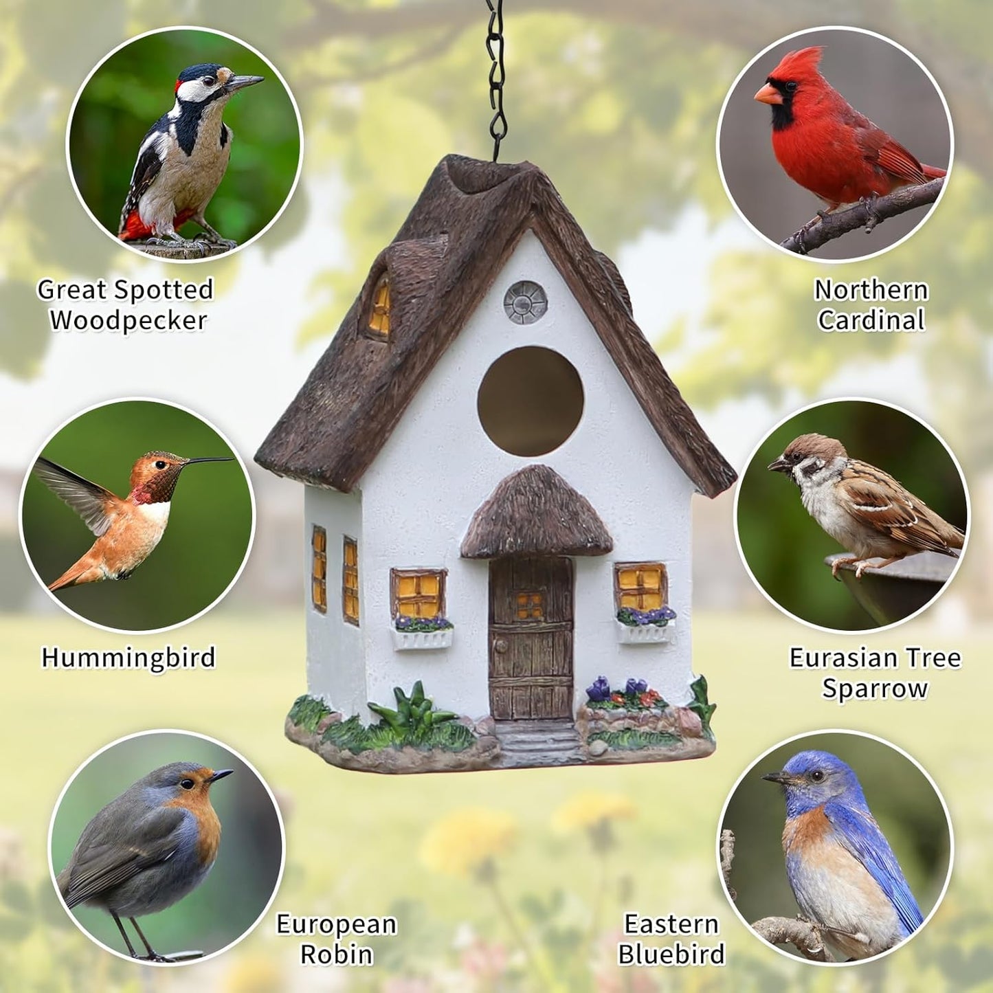 Bird Houses for Outside Rustic Cottage Birdhouse with Thatch Roof – Hand-Painted Resin Birdhouses for Outdoors for Bluebird Finches Cardinals Bird Nesting Garden, Patio, Yard
