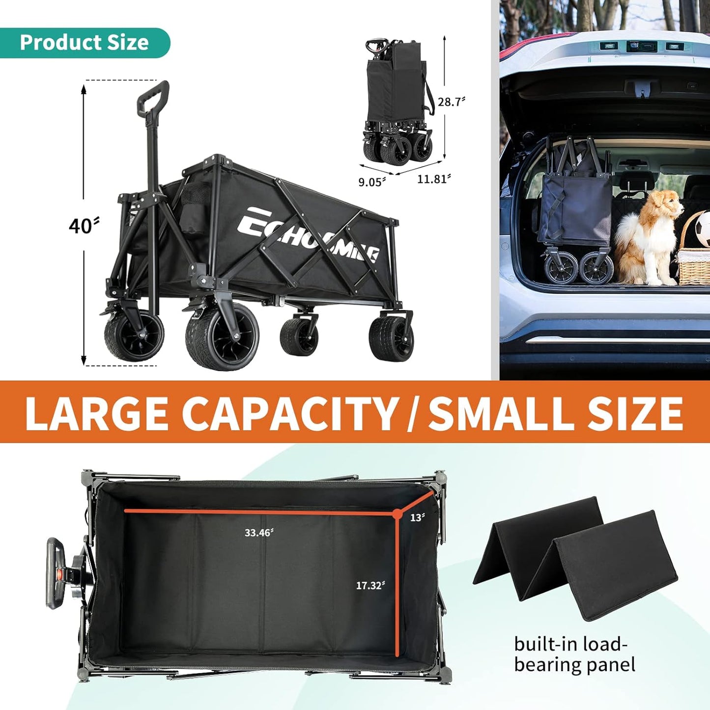 EchoSmile Collapsible Folding Wagon Cart with Compact Storage - 400LBS Capacity All Terrain Utility Cart for Camping, Beach, Grocery, Gardening (Black)
