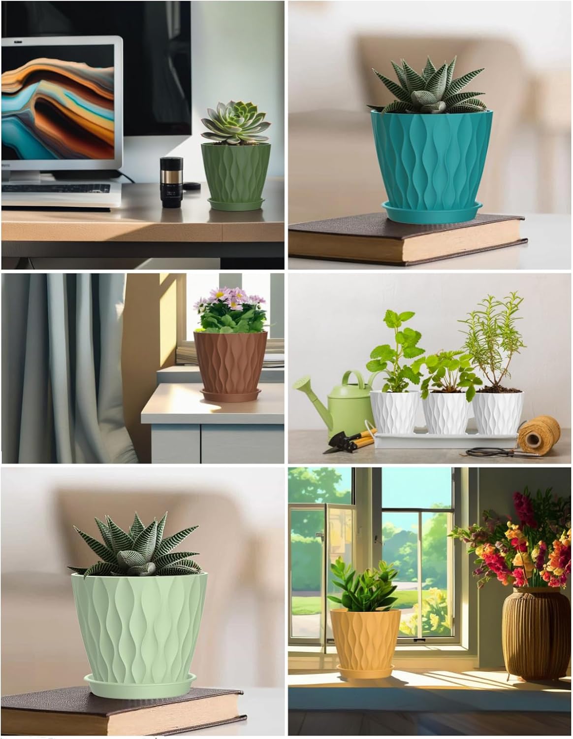 4 Inch Plant Pots, 6 Pack Indoor Flower Pots, Planters with Drainage H