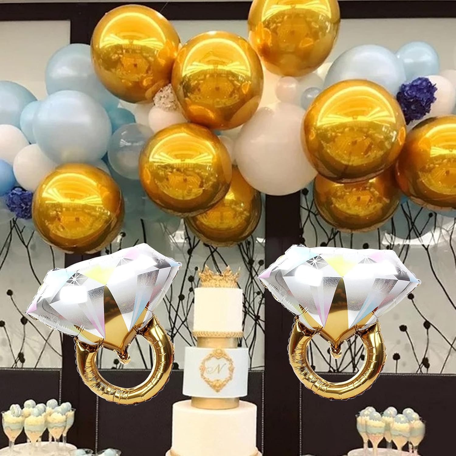 2Pcs Diamond Ring Aluminum Balloon,Wedding Bridal Shower Marriage Enga