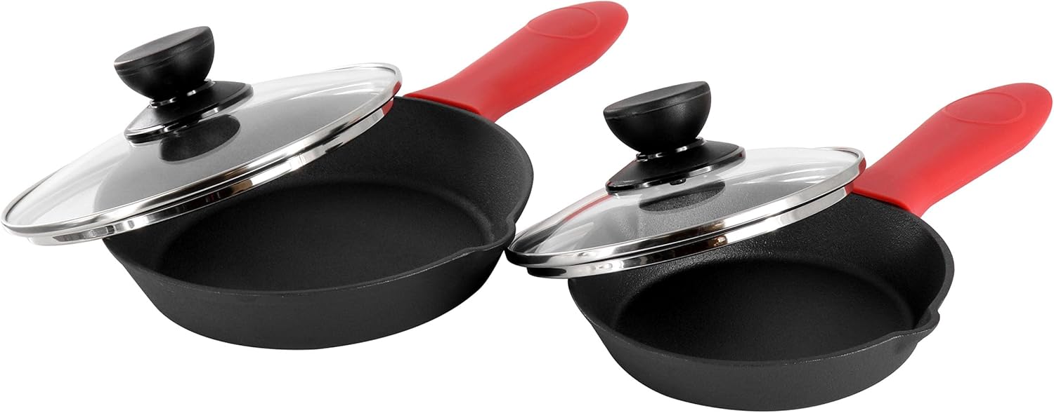 MegaChef 13 Piece Pre-Seasoned Cast Iron Skillet Set with Temperd Glas