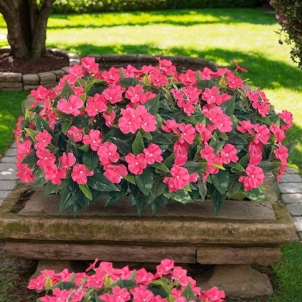 3pcs Artificial Impatiens - Outdoor Faux Flowers for planters, Silk Faux Outdoor Flowers for Patio Lawn Garden Pot Hanging Basket Porch Decoration (Rose Red)