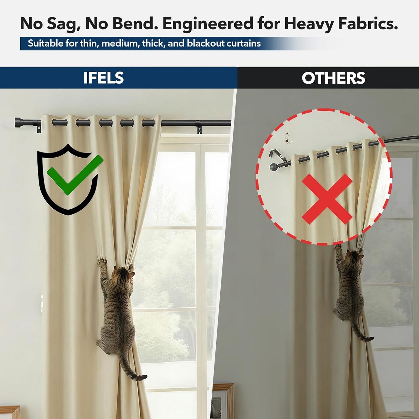Heavy Duty Curtain Rods for Windows 66 to 120 Inch,1 Inch Adjustable Black Curtain Rod with Easy Installation and Modern Design,Decorative Long Drapery Rods with Metal Finials (A1,Black,30-120")