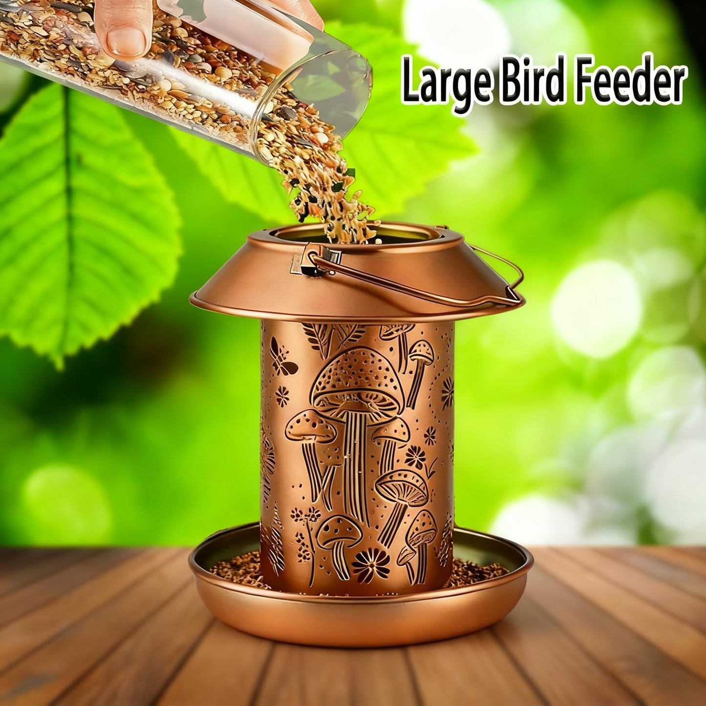 Solar Bird Feeder,Metal Wild Bird Feeders for Outdoor Hanging, Waterproof Outside Large birdfeeders for Cardinals,Mushroom Shaped Solar Garden Decor Lantern as Gift for Bird Lovers