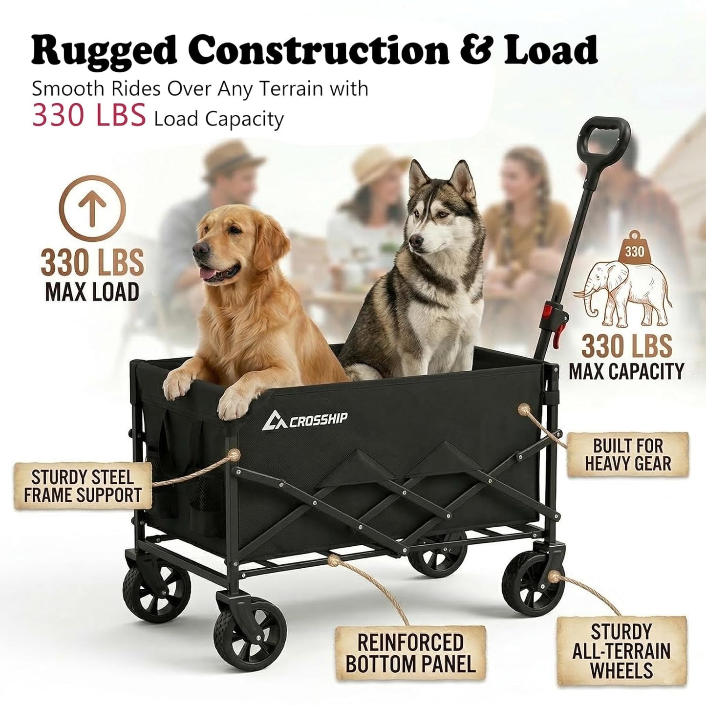 Folding Pet Wagon for Dogs - 330 lbs Heavy Duty Dog Cart, All-Terrain Collapsible Wagon for Beach, Shopping & Camping, Garden Cart with Drop-Down Tailgate for 2 Medium or 1 Large Dog