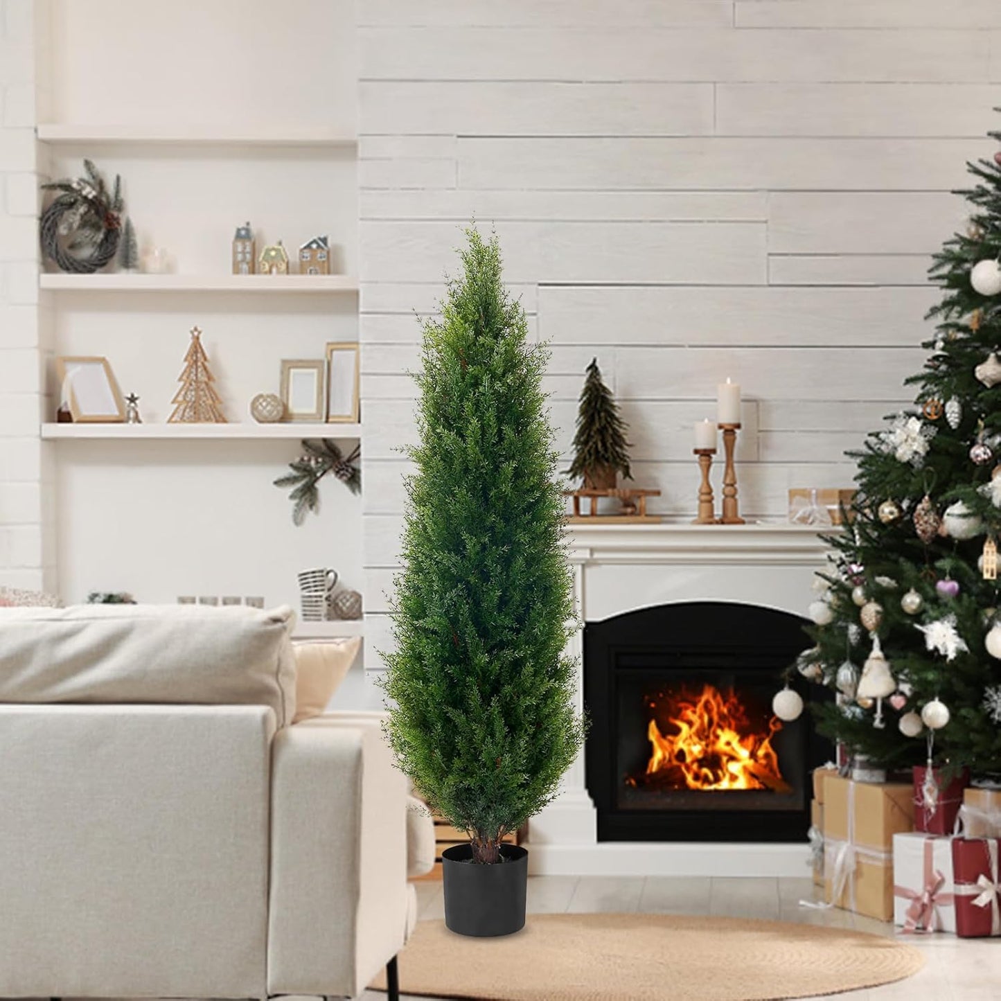 4ft(48”) Artificial Cedar Topiary Tree Potted Plants UV Resistant Leaves Outdoor Artificial Shrub Home and Office Interior Decoration Outdoor Pruned Trees Artificial Outdoor Tree