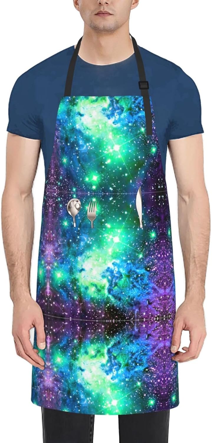 Green Blue Purple Galaxy Print 28x33 In Adult Kitchen Apron with Pockets Versatile Chef Smock for Cooking Baking