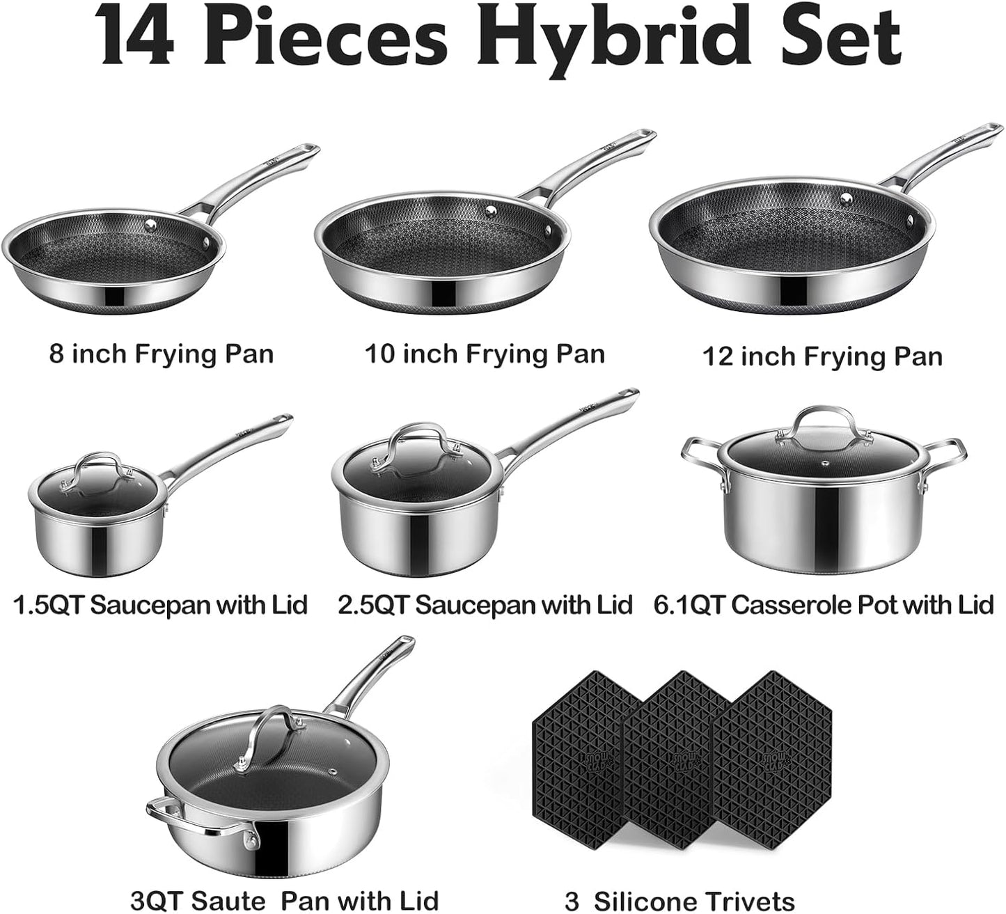 Pots and Pans Set Non Stick, 14 Pcs Hybrid Stainless Steel Cookware Se