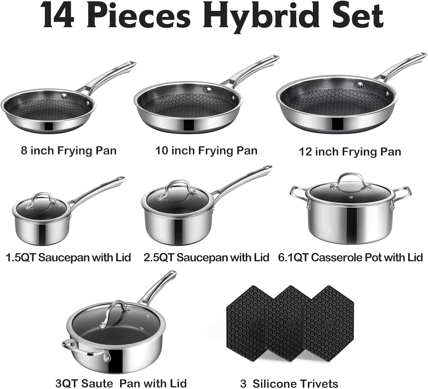 Pots and Pans Set Non Stick, 14 Pcs Hybrid Stainless Steel Cookware Se