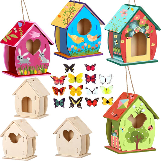 Outus 12 Pcs Wooden Birdhouse Craft Kits to Build, 4 Shapes Wooden Unfinished Bird House with Butterfly Sticker for and Arts Crafts Bulk Painting Kits(Lovely Style,3.6×4 Inch)