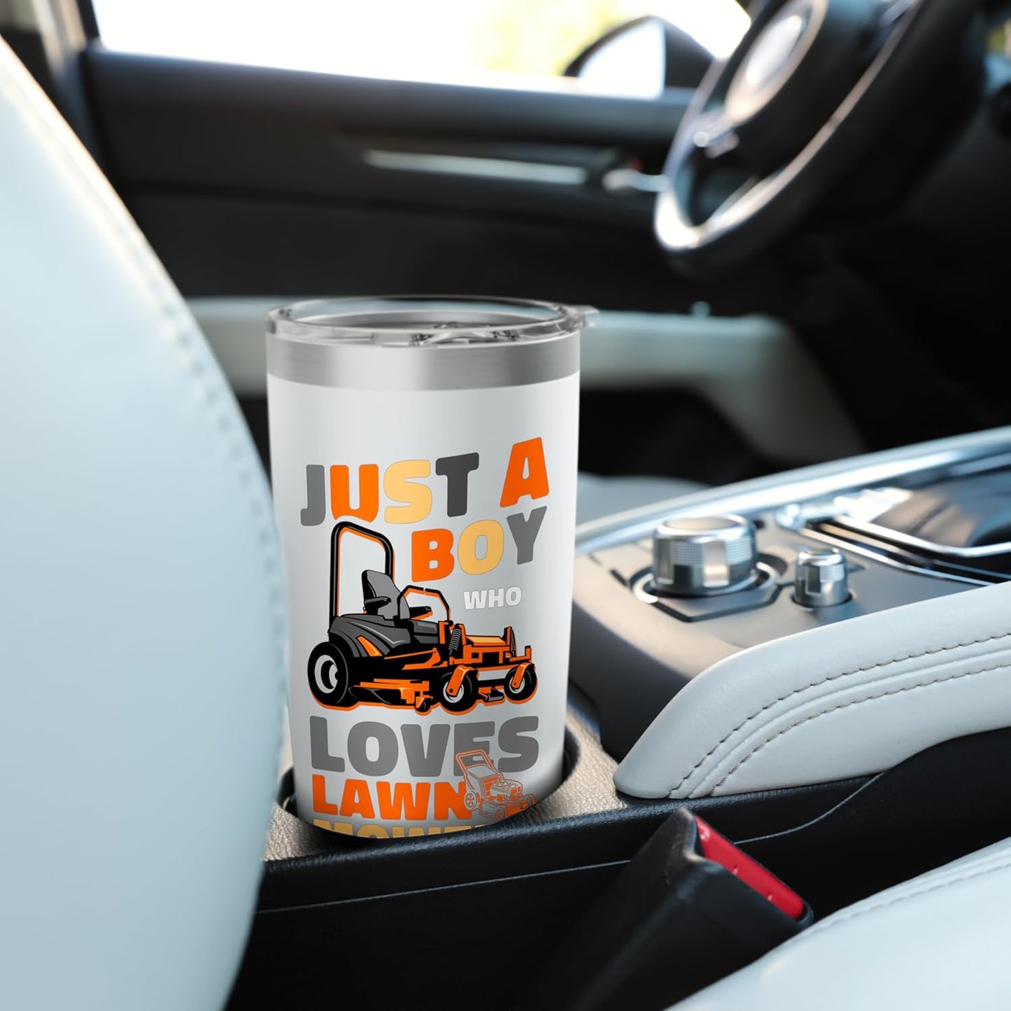 Lawn Mower Mowing Dad Father Landscaper Tractor Just A Boy Stainless Steel Insulated Tumbler