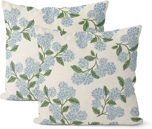 Spring Pillow Covers 18x18 Inch 2 Pcs Blue Green Hydrangea Flower Decor Throw Pillows Vintage Floral Seasonal Summer Outdoor Decoration Pillowcase Linen Cushion Cover for Couch Sofa