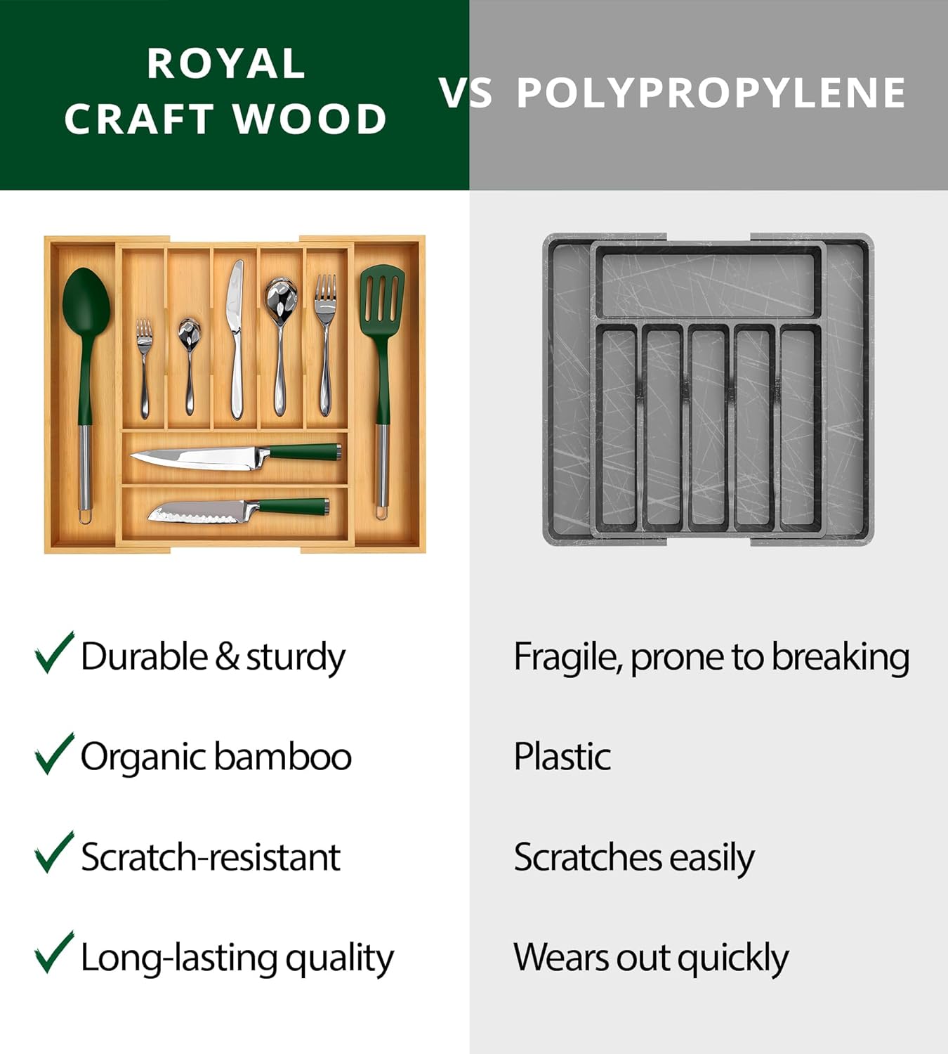 ROYAL CRAFT WOOD Luxury Bamboo Kitchen Drawer Organizer - Silverware Organizer, Utensil Holder & Cutlery Tray Drawer Dividers for Flatware (9 Slot, Natural)