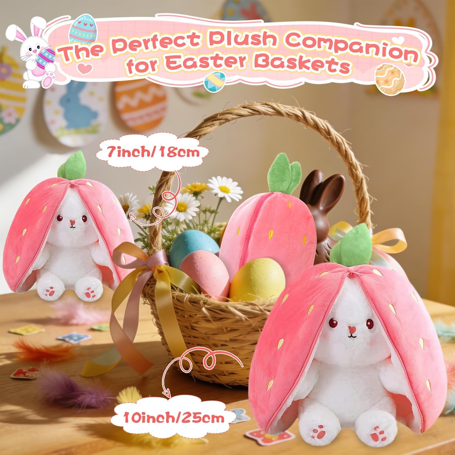 MIAODAM Bunny Stuffed Animal Reversible Cuddle Bunny Stuffed,Strawberr