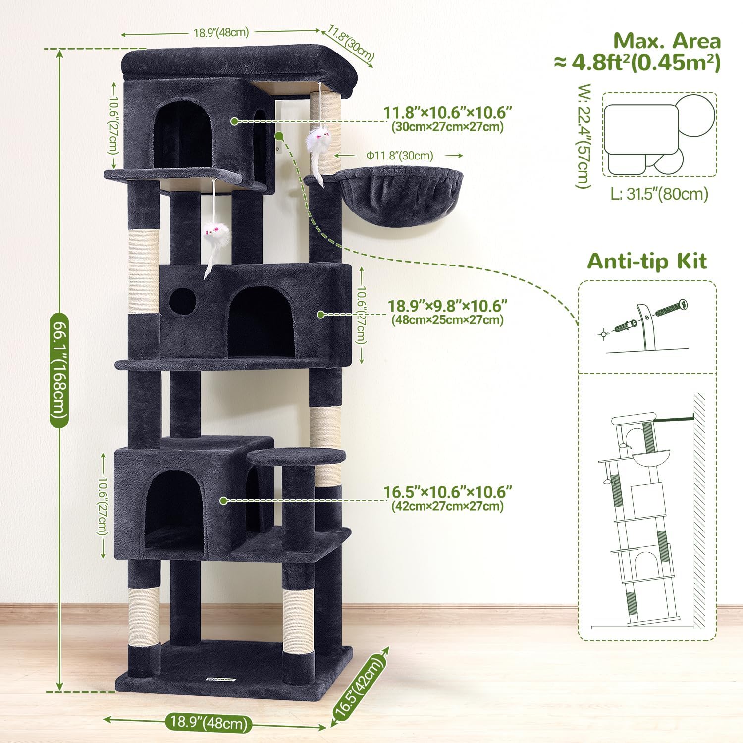 Globlazer Corner Cat Tree 66 inch Multi-Level Climbing Tower Kitty Con