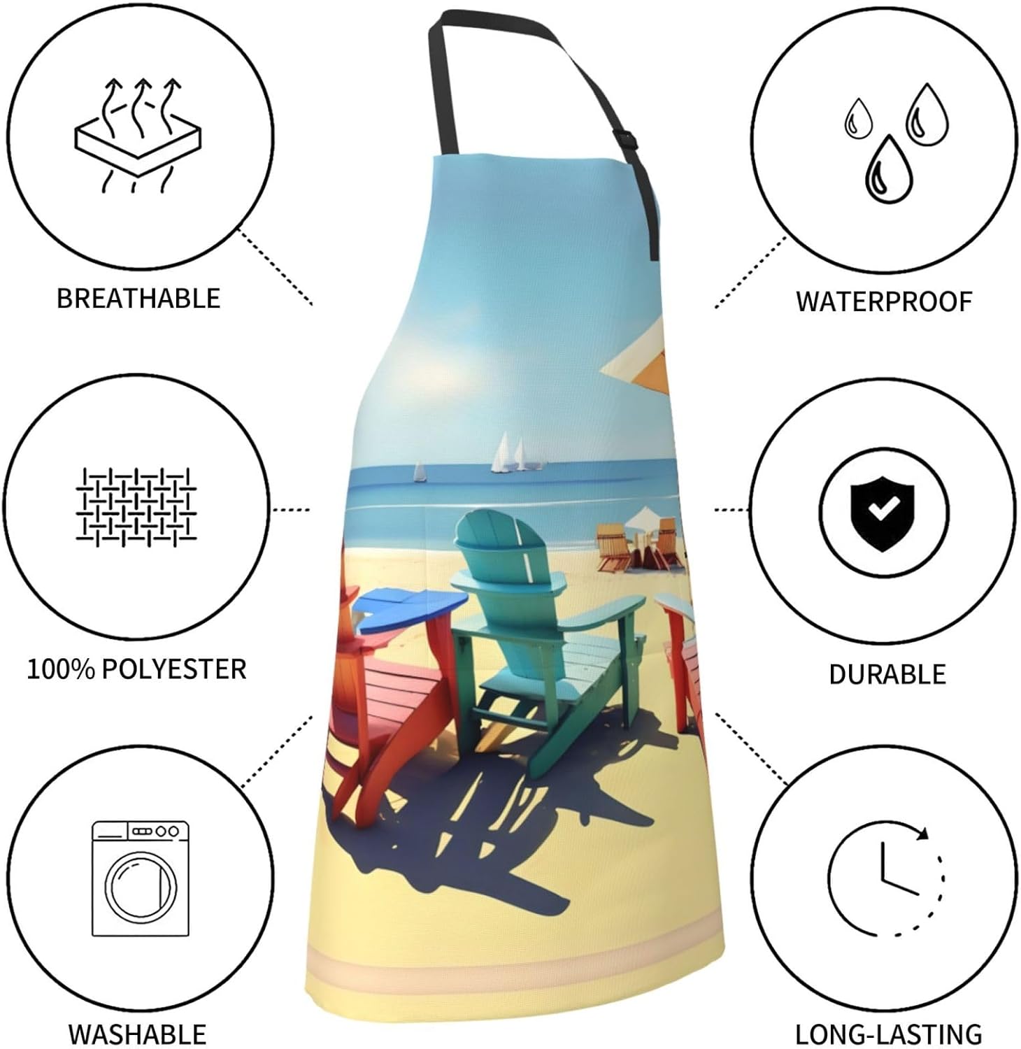 Beach Chairs and Scenery Print Laundry apron 28x33 In Waterproof Kitch