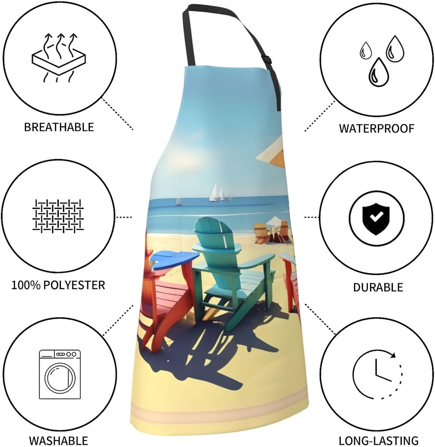 Beach Chairs and Scenery Print Laundry apron 28x33 In Waterproof Kitchen Apron with Pockets for Cooking Baking