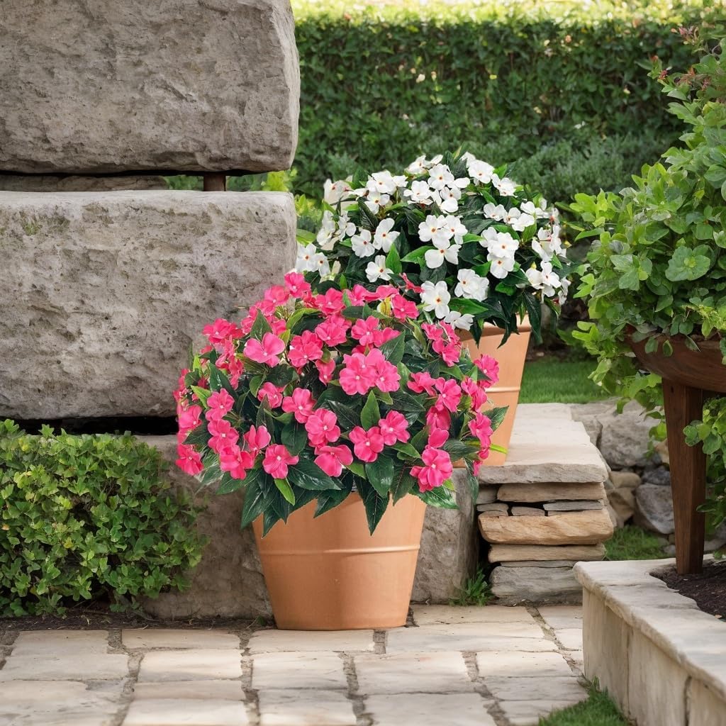 3pcs Artificial Impatiens - Outdoor Faux Flowers for planters, Silk Faux Outdoor Flowers for Patio Lawn Garden Pot Hanging Basket Porch Decoration (Rose Red)