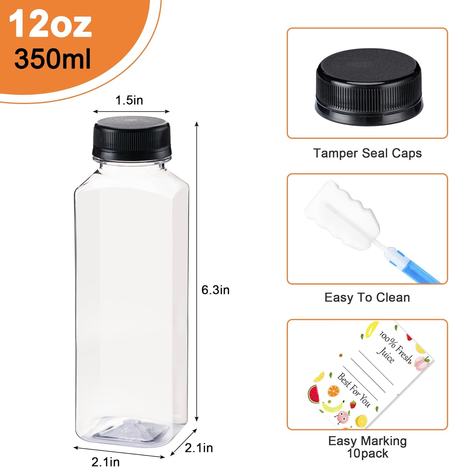 Juice Bottles with Caps 10Pcs 12oz, Plastic Bottleswith Caps, Clear Reusable Water Bottle, Used for Juicing Bottles, Smoothie Bottle, Juice Containers - with 10Pcs Labels & Bottle Brush