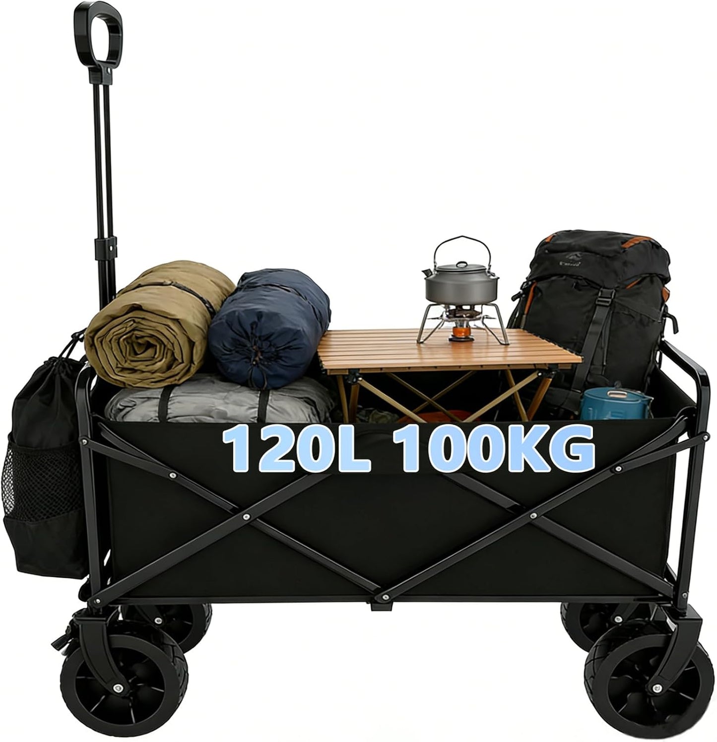 SNZ Heavy-Duty Collapsible Wagon Cart - 120L Capacity, 220lbs Capacity, 360° All-Terrain Wheels, Foldable Utility Cart for Camping, Beach, Garden, Grocery Shopping & Outdoor (Without Table Top)