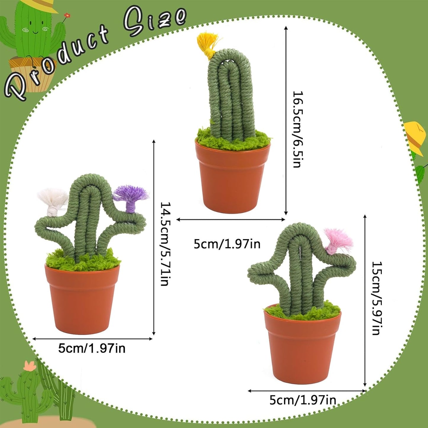 3pcs Handmade Macrame Artificial Cactus, Fake Cactus Potted Plants in Planter Pot, Cute Plant for Friends, Lovers, Classmates and Home Decor Indoor Office Desk