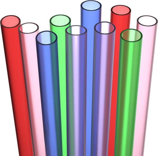 10 EXTRA WIDE Long Reusable Hard Plastic Drinking Straws + Cleaning Brush - Fat Thick Large Jumbo Straws for Smoothies, Milkshakes, Thick Drinks - Assorted - Dishwasher Safe BPA Free